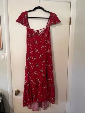 Urban Outfitters Red Floral Maxi Dress with Cap Sleeves